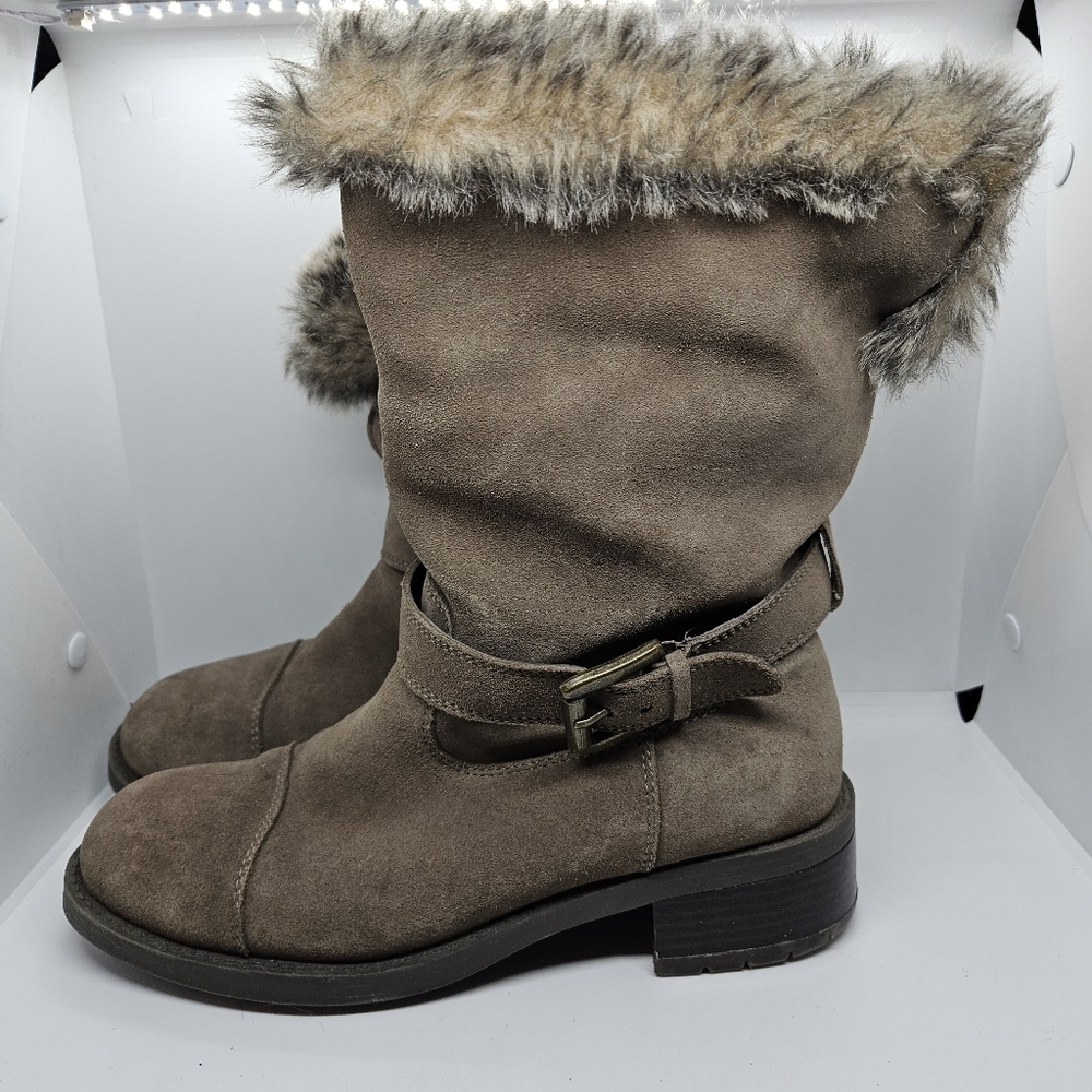 Cougar tan taupe suede faux fur lined foldover Franca boots side buckle detail 9